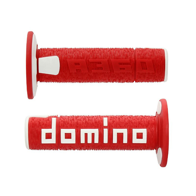 Red rubber handle grips with textured surface, featuring white "Domino" and "A360" logos, designed for off-road use with closed ends.