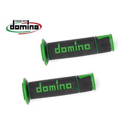 Black and green MX offroad twist throttle grips featuring a textured surface, rubber material, and prominent "Domino" branding in green on the side.