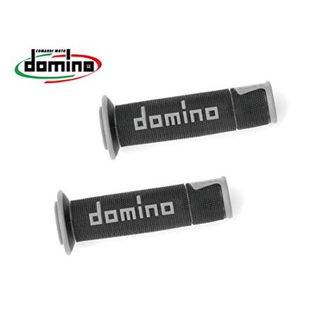 Black rubber grips with a full diamond texture, featuring the "domino" logo in white, designed for street racing, with end caps for secure installation.
