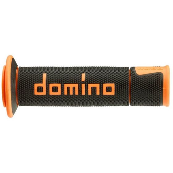 Black and orange open-ended motorcycle grips by Domino, featuring a textured surface for improved grip and a prominent "domino" logo in orange on the black rubber material.