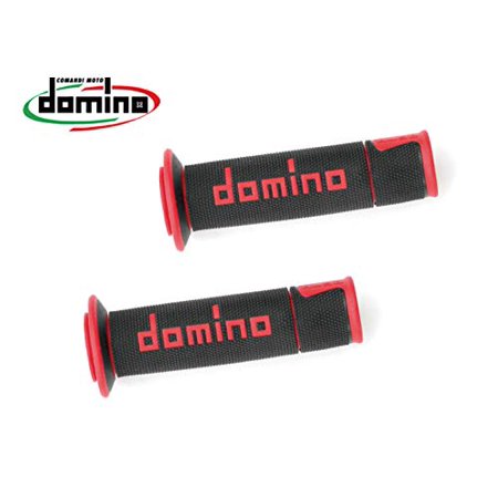 Black rubber grips with full diamond texture, featuring red accents and the "Domino" logo prominently displayed, designed for street racing applications.