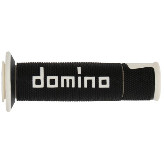 Black rubber handle coverings with textured grip and white "domino" logo, featuring open ends and a sleek design for enhanced control.