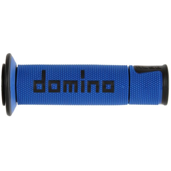Blue rubber handle coverings with textured grip, featuring black "domino" branding and open ends for easy installation.