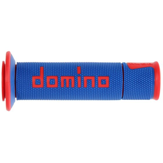 Blue and red open-ended motorcycle grips featuring a textured surface and the "domino" logo prominently displayed in red on the blue grip.