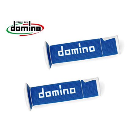 Blue and white MX offroad grips featuring a textured surface and "domino" branding, designed for enhanced grip and control on motorcycle handlebars.