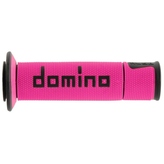 Fuchsia and black open-ended motorcycle grips by Domino, featuring a textured surface for grip and bold "domino" branding in black on the fuchsia body.