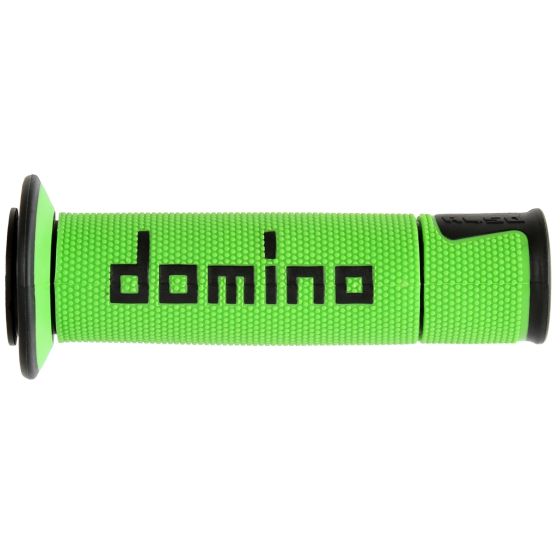 Bright green rubber handle coverings with textured grip and black end caps, featuring the "domino" logo prominently displayed in black.