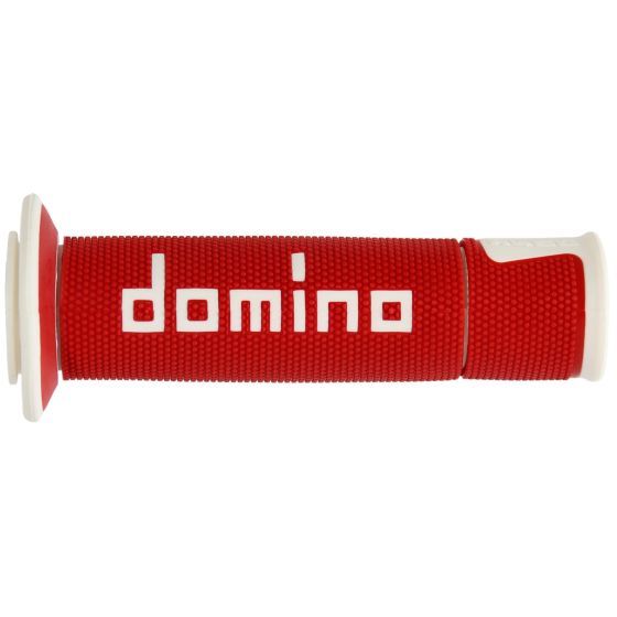 Red rubber handle coverings with a textured grip, featuring white "domino" branding and open ends for easy installation.