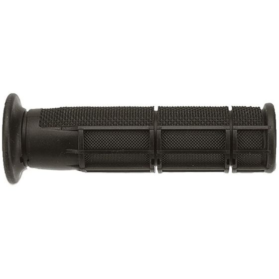 Black rubber ATV grip featuring a half waffle design with textured surface for improved grip and control, designed for comfort and durability.