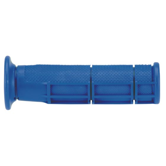 Blue rubber handlebar grip by Domino, featuring textured surfaces for enhanced grip and comfort, designed for ATV use with a sturdy, durable construction.
