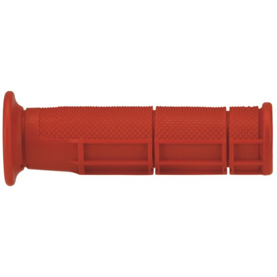 Red rubber ATV style handlebar grips by Domino, featuring a textured surface for improved grip and a sturdy, ergonomic design for comfort during use.