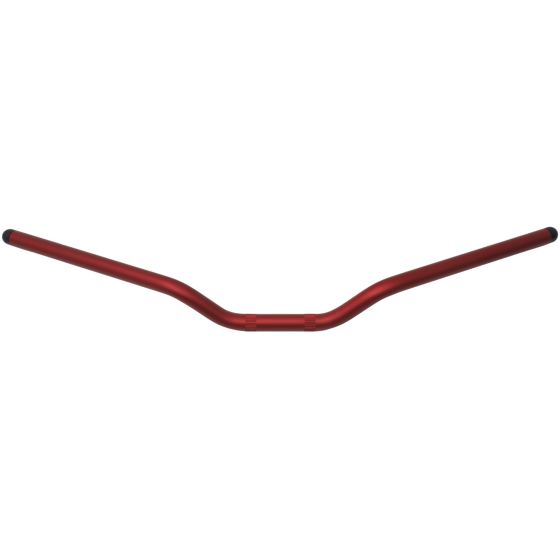 Red aluminum medium bend handlebars with a smooth finish and rubber grips on the ends, designed for enhanced control and comfort.