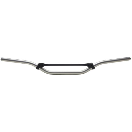 Silver medium bend handlebars made of lightweight avional material, featuring a sleek design with a black crossbar for added stability.