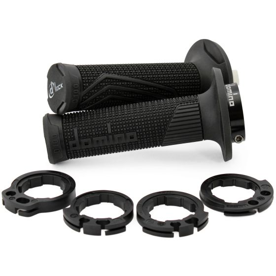 Black rubber grips with textured surfaces and ergonomic design, featuring a locking mechanism and three black locking rings for secure attachment, labeled with "Domino."