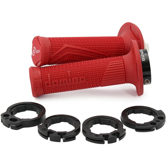 Red rubber grips with textured surfaces and ergonomic design, featuring the Domino logo and D-Lock branding, accompanied by four black lock rings for secure installation.