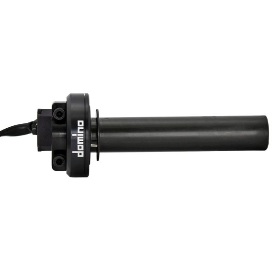 Black electronic throttle control featuring a sleek design, designed for Ducati V4 fitment, with a sturdy grip and integrated cable connection for precise throttle response.
