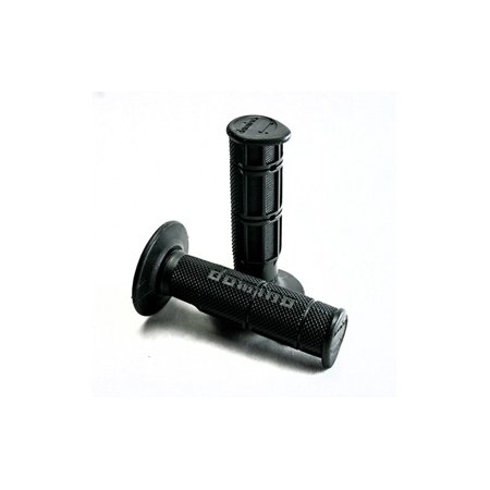 Black rubber motorcycle grips with a half waffle design, featuring a textured surface for better grip and the "Domino" logo embossed on the side.