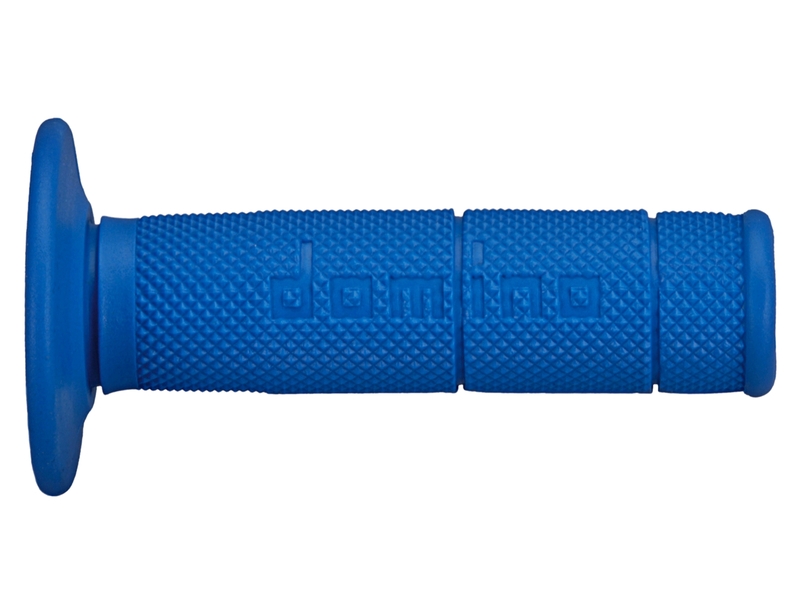 Blue half-waffle motorcycle grips by Domino, featuring a textured surface for enhanced grip, with a solid end and the brand name embossed on the side.