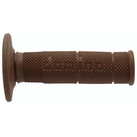 Brown rubber motorcycle grip featuring a textured surface for enhanced grip, with the "Domino" logo embossed on the side and closed ends for secure installation.