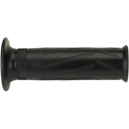 Black rubber motorcycle grip with textured surface, featuring a smooth end and a knurled aluminum clamp area for secure attachment.