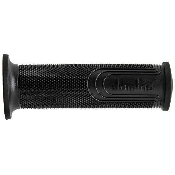 Black rubber grip featuring a full diamond texture, with a smooth, contoured design and the "Domino" logo embossed on the side for enhanced grip and comfort.