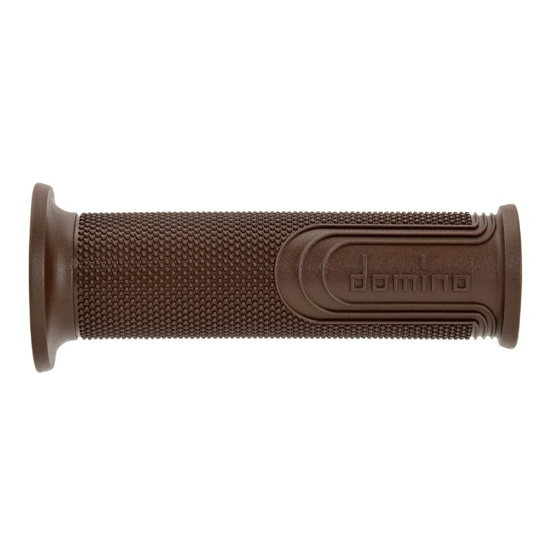 Brown rubber grip featuring a full diamond texture and open ends, with the "domino" logo embossed on the side for enhanced grip and comfort.
