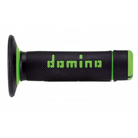 Black and green rubber handlebar grips featuring a textured surface for improved grip, with "domino" logo prominently displayed in green on the side.