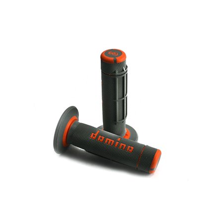Black and orange two-tone grips with a full diamond texture and the "Domino" logo, designed for enhanced grip and comfort on handlebars.