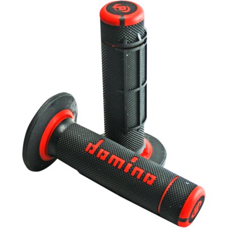 Two black rubber grips with a full diamond texture, featuring red accents and the "Domino" logo in red on the sides, designed for enhanced grip and comfort.