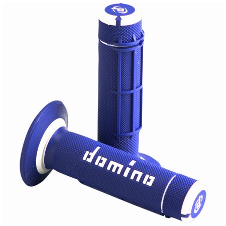 Two-tone blue rubber grips with a full diamond texture and white accents, featuring the "Domino" logo prominently on the side.