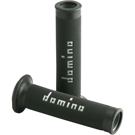 Black and gray rubber motorcycle grips featuring a textured surface for enhanced grip, with the "Domino" logo prominently displayed in white.