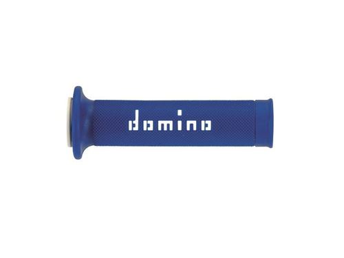 Blue rubber grip with a smooth surface and no waffle pattern, featuring the "domino" logo in white, designed for enhanced comfort and control.