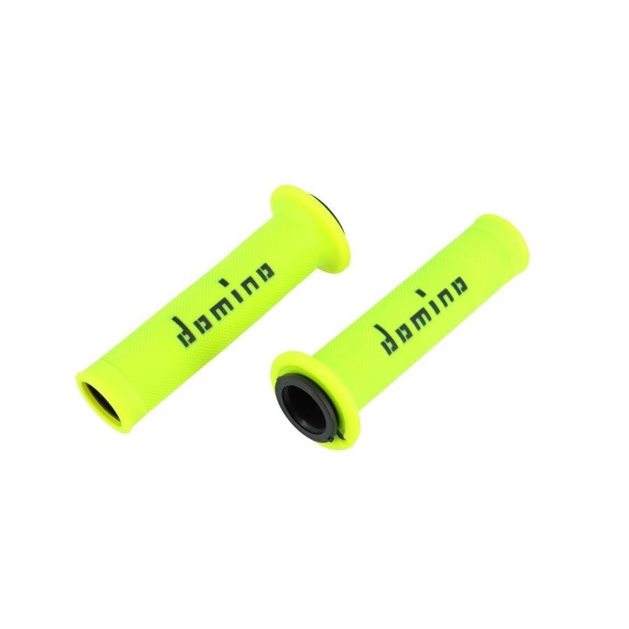 Puños Domino A010 on-Road in black and neon yellow, featuring a textured grip surface and open ends for enhanced control and comfort.