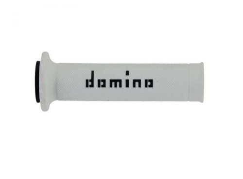 White rubber grip with a smooth texture, featuring a black "domino" logo and no waffle pattern, designed for enhanced comfort and control.