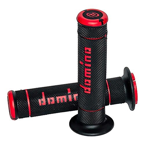 Black rubber grips featuring a full diamond texture, accented with red ends and logo, designed for enhanced grip and comfort on handlebars.