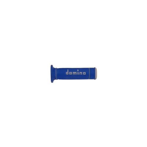 Blue rubber grips with a full diamond texture and "domino" logo printed in white, designed for enhanced grip and comfort on handlebars.