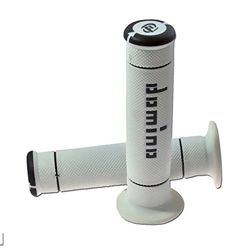 White rubber grips with a full diamond texture, featuring black ends and a black Domino logo, designed for enhanced grip and control on handlebars.