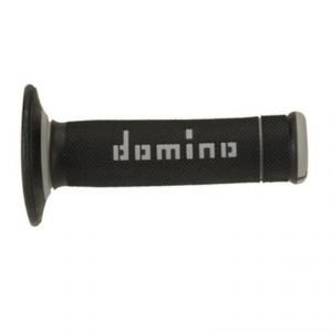 Black rubber grip with full diamond texture, featuring a gray end cap and the white "Domino" logo prominently displayed along the side.