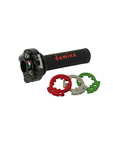 Black throttle handle with textured rubber grip, featuring a sleek design and three interchangeable colored rings in red, green, and white for customization.