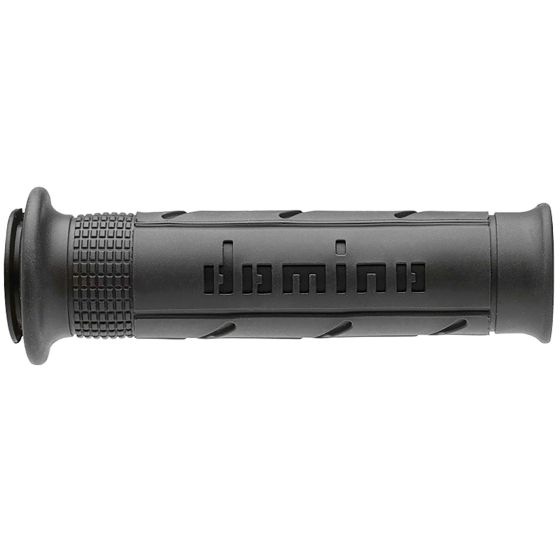 Domino XM2 Super Soft motorcycle grips in anthracite and black, featuring a textured surface for improved grip and an open-ended design for easy installation.