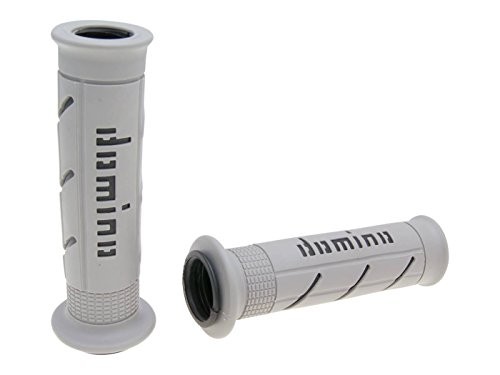 Gray and black rubber handlebar grips featuring a textured surface for improved grip, with "Domino" branding prominently displayed on the side.
