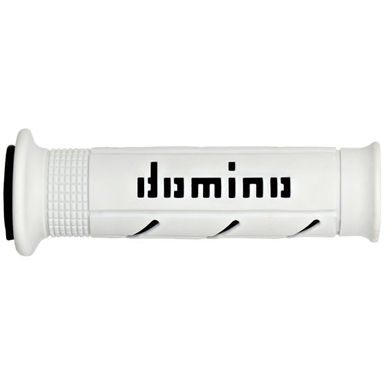 White rubber handle covering with a textured grip, featuring black "domino" branding and open ends for easy installation.
