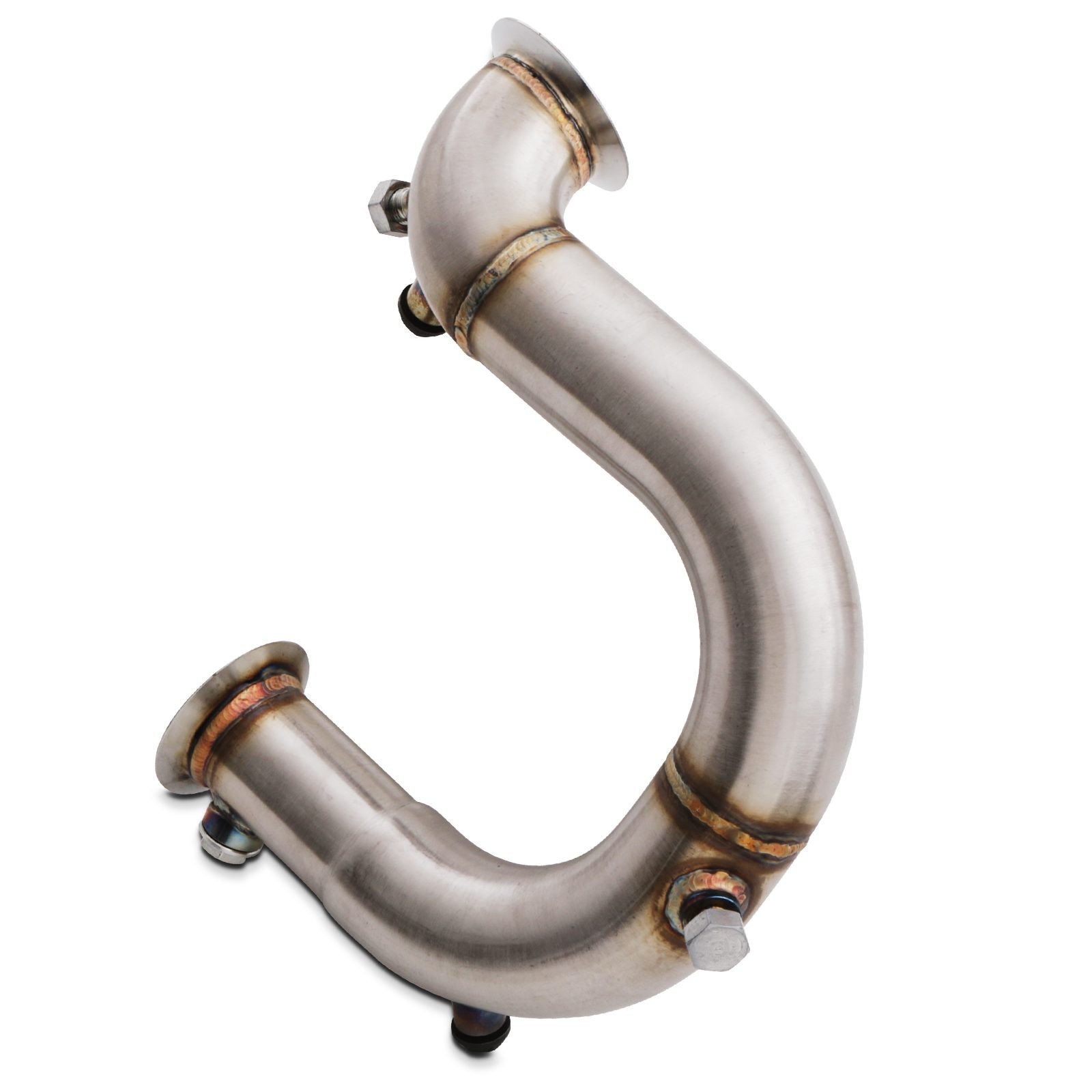 Stainless steel DPF delete downpipe with a smooth, curved design, featuring flanged ends and bolts for secure attachment, specifically for Audi A3 8V 1.6/2.0 TDI CR models from 2013 to 2020.
