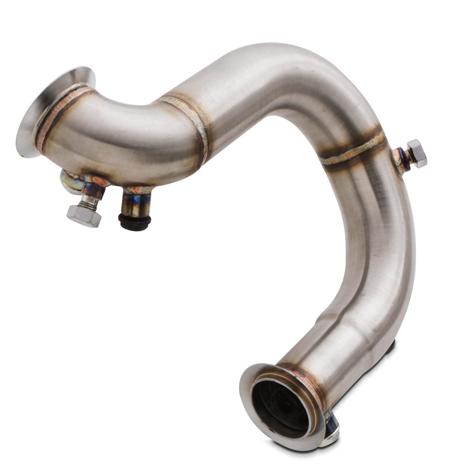 Stainless steel DPF delete downpipe with a polished finish, featuring a curved design, flanges, and fittings for Seat Leon 5F 1.6/2.0 TDI CR models from 2012 to 2020.