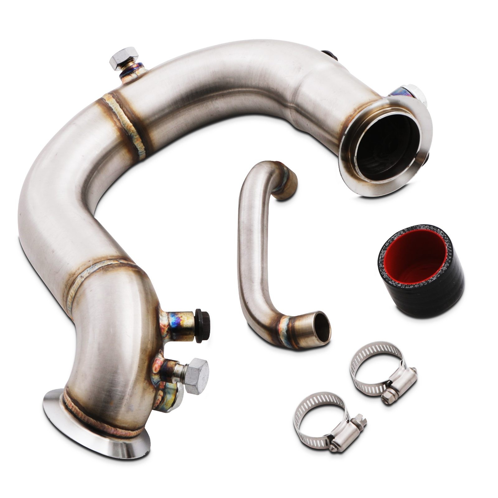 Stainless steel DPF delete downpipe with a polished finish, featuring two flanges, a curved design, and included clamps and a silicone hose for VW Golf MK7 1.6/2.0 TDI CR 13-20.