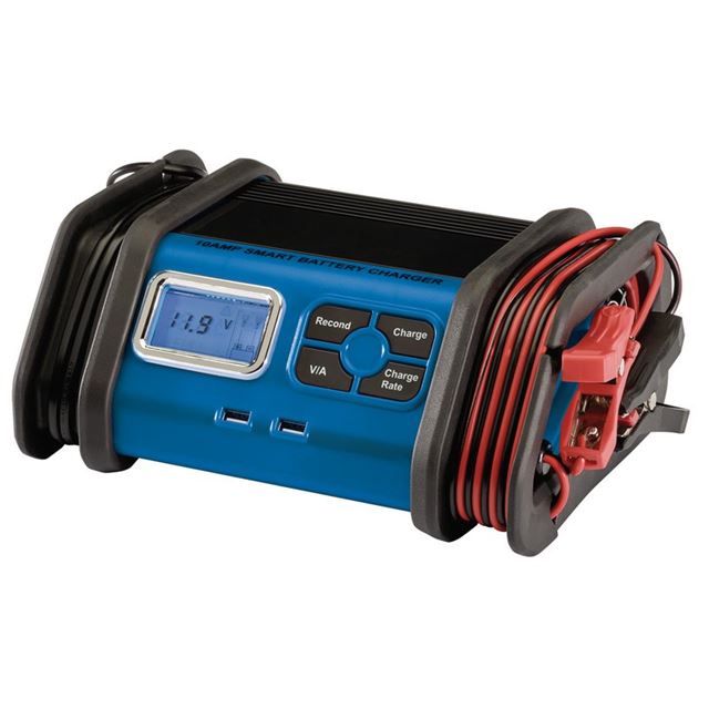 Draper 53168 12V battery charger in blue and black, featuring an LCD display, control buttons, and attached red and black clamps for connecting to batteries.