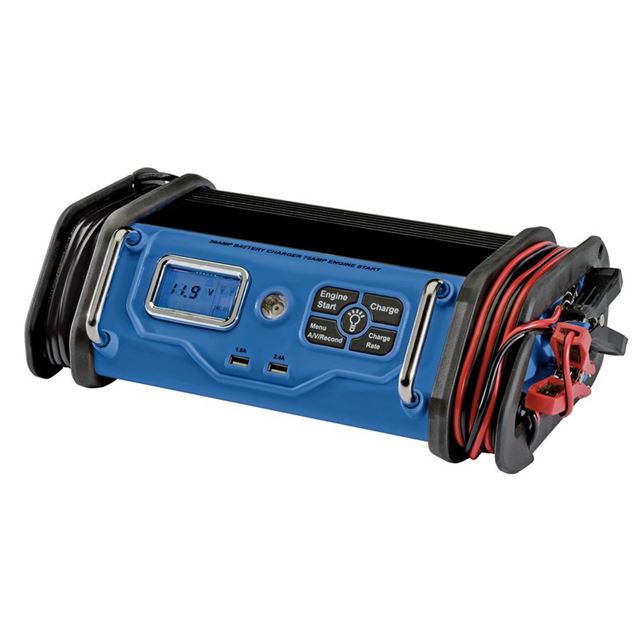 Draper 53171 12V battery starter/charger features a blue and black casing, digital display, and multiple connection ports for charging and engine starting.