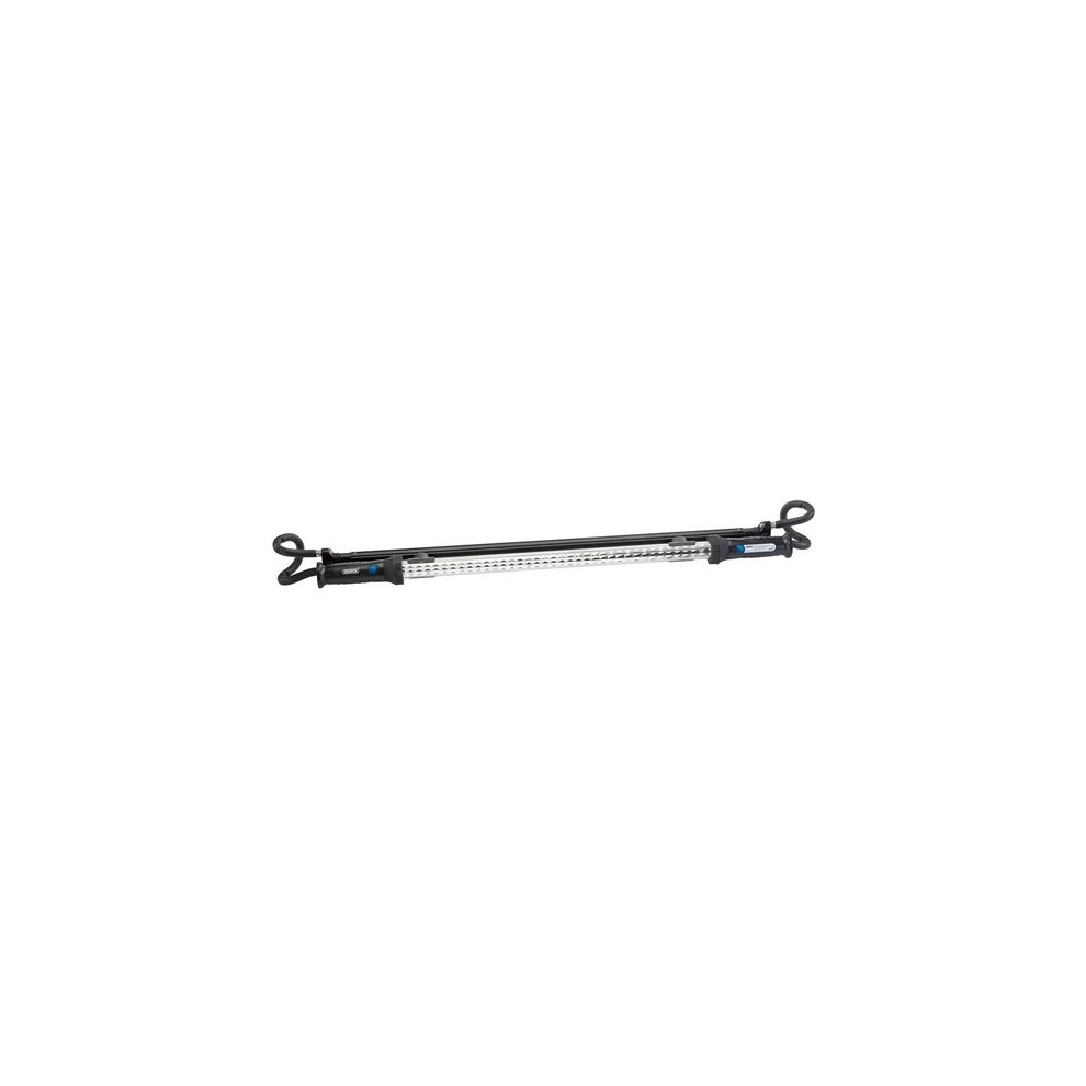 Draper 51328 rechargeable magnetic inspection lamp features a slim design with a silver body, blue accents, and two hooks for hanging, ideal for illuminating tight spaces.