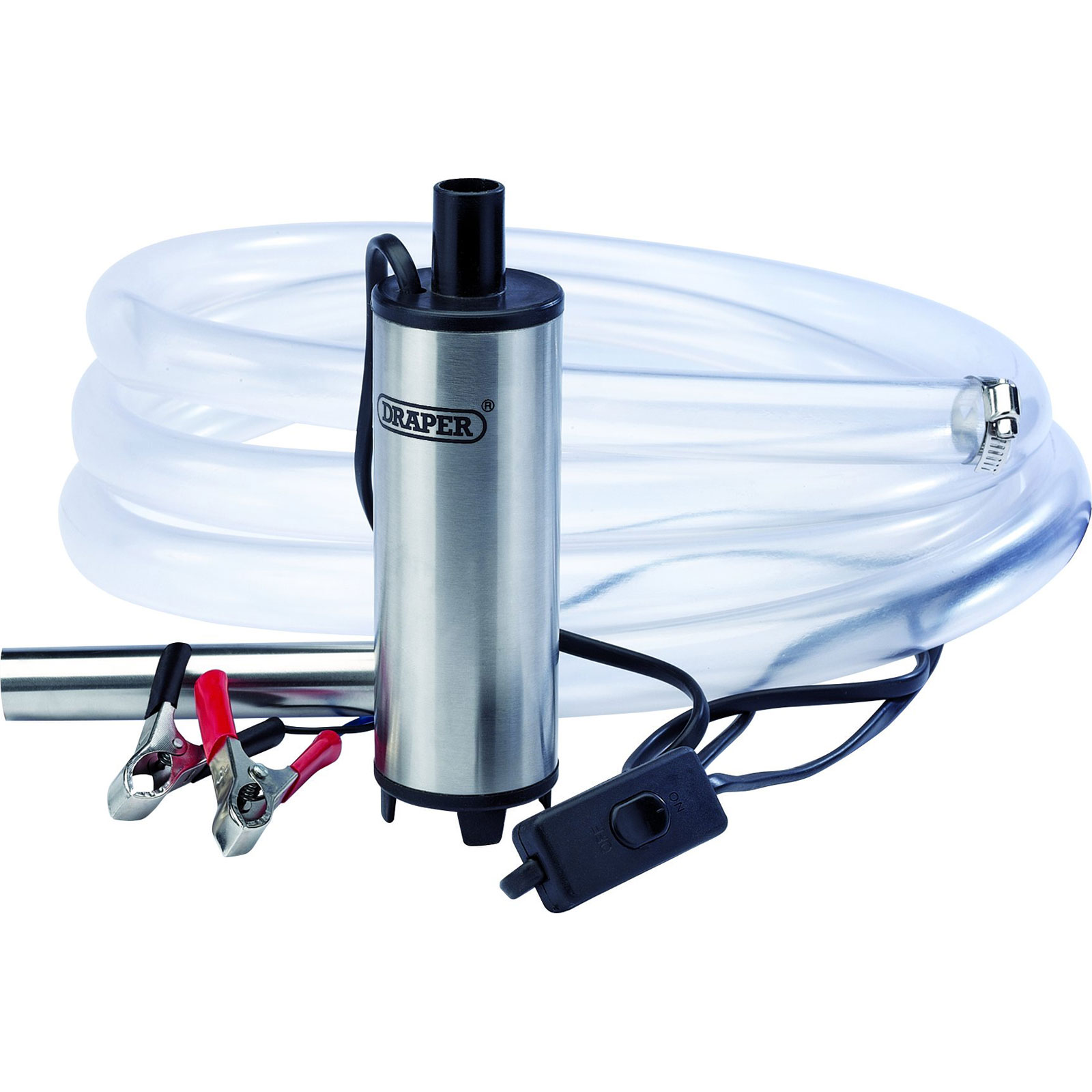 Draper 54044 diesel fuel/water transfer pump features a stainless steel body, black plastic components, red and black alligator clips, and includes a clear flexible hose.