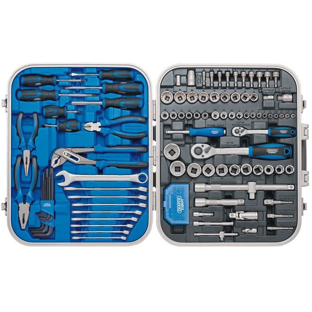 A blue and silver metal tool kit containing 127 pieces, including various screwdrivers, wrenches, pliers, and sockets, neatly organized in a compact case.
